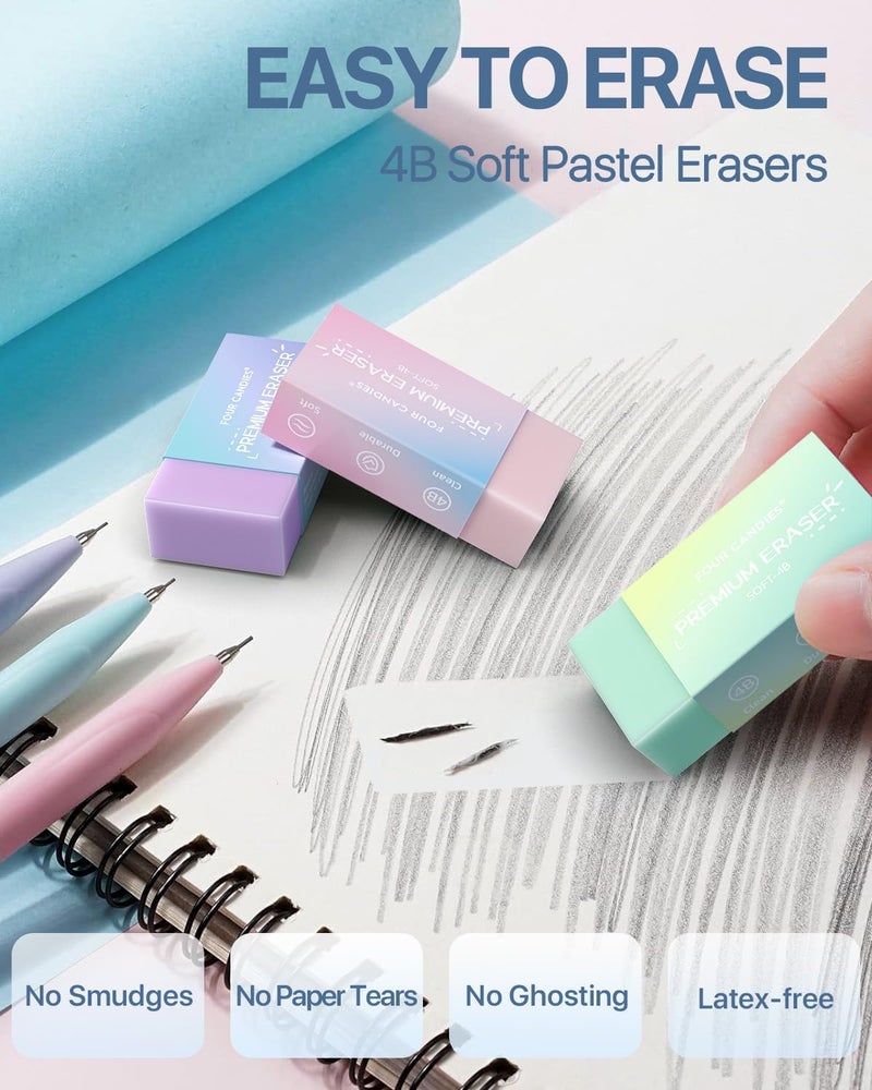 Four Candies Mechanical Pencil Set, with 0.5 & 0.7mm Lead Refills (HB & 2B), Pastel Erasers & Eraser Refills, 29-Count Pack with Case, Cute Aesthetic School Supplies for Writing, Drawing, Sketching - Image 4